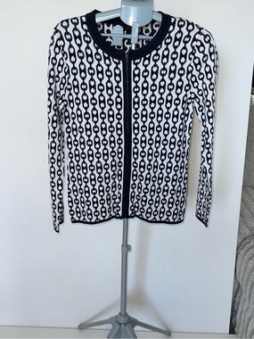 Grace Knit Dressing Royal & White Geometric Zip Cardigan Jacket Medium